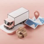 Moving truck parked on an oversized iPhone, next to stacked moving boxes and an oversized map with a pin dropped.