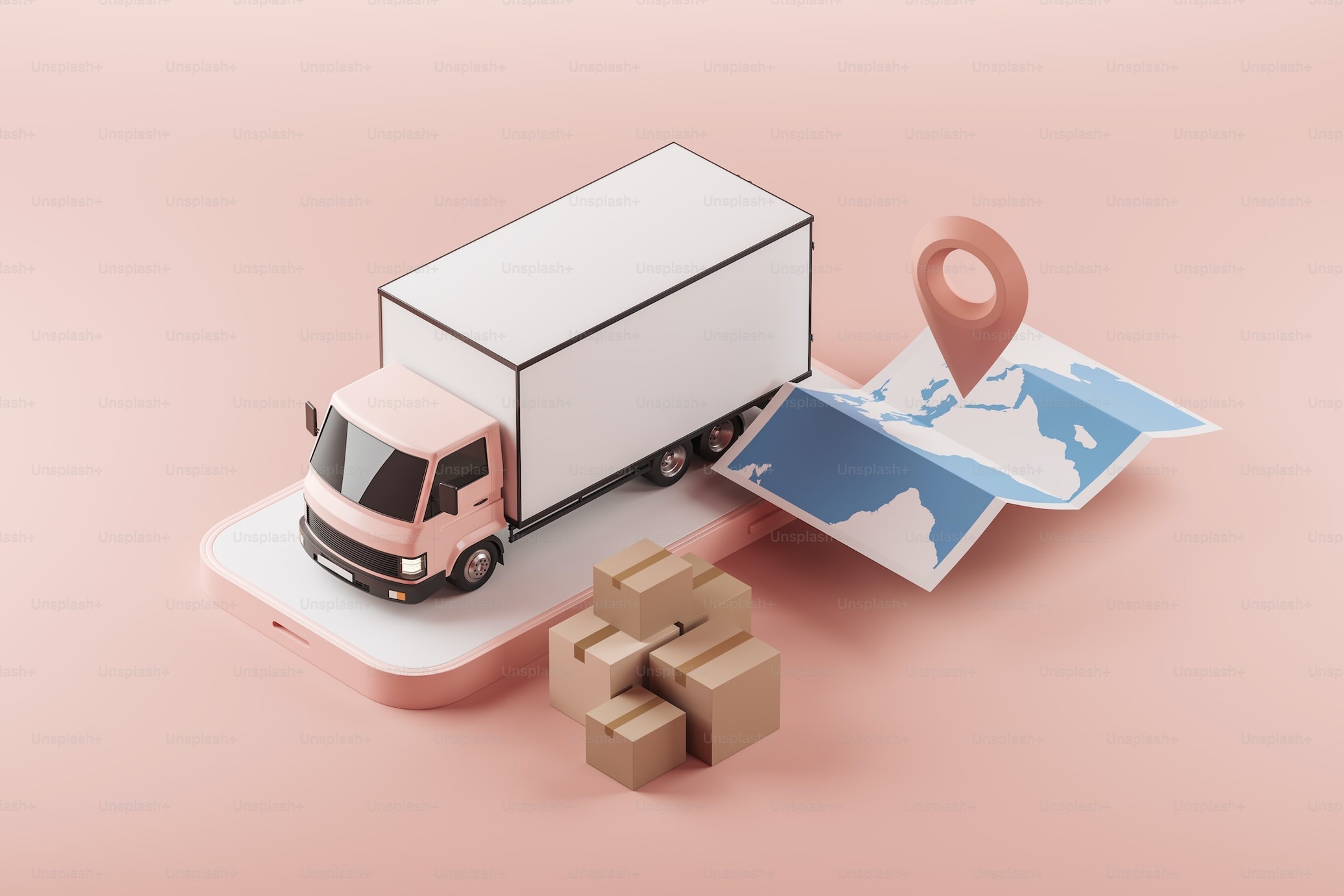 Moving truck parked on an oversized iPhone, next to stacked moving boxes and an oversized map with a pin dropped.