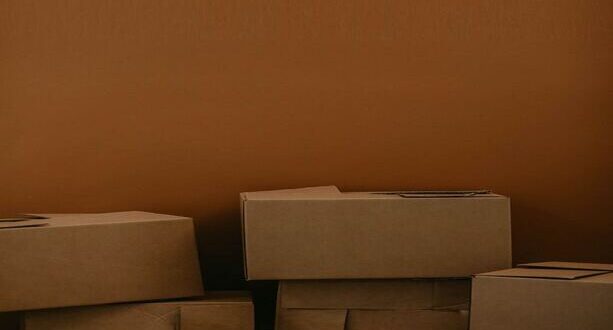 A stack of cardboard boxes placed before a brown wall, forming a neat pile.