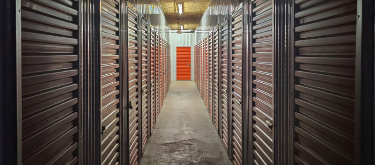 a hallway with metal doors