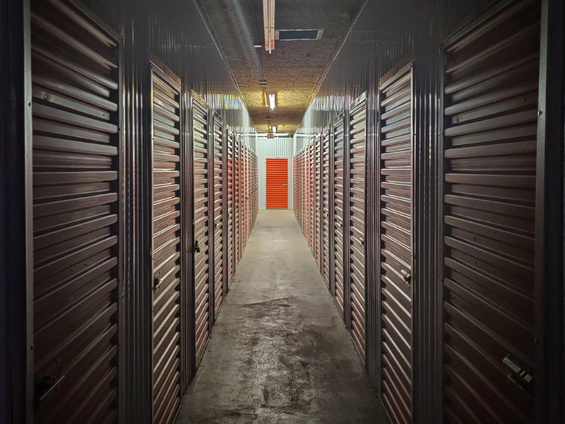 a hallway with metal doors